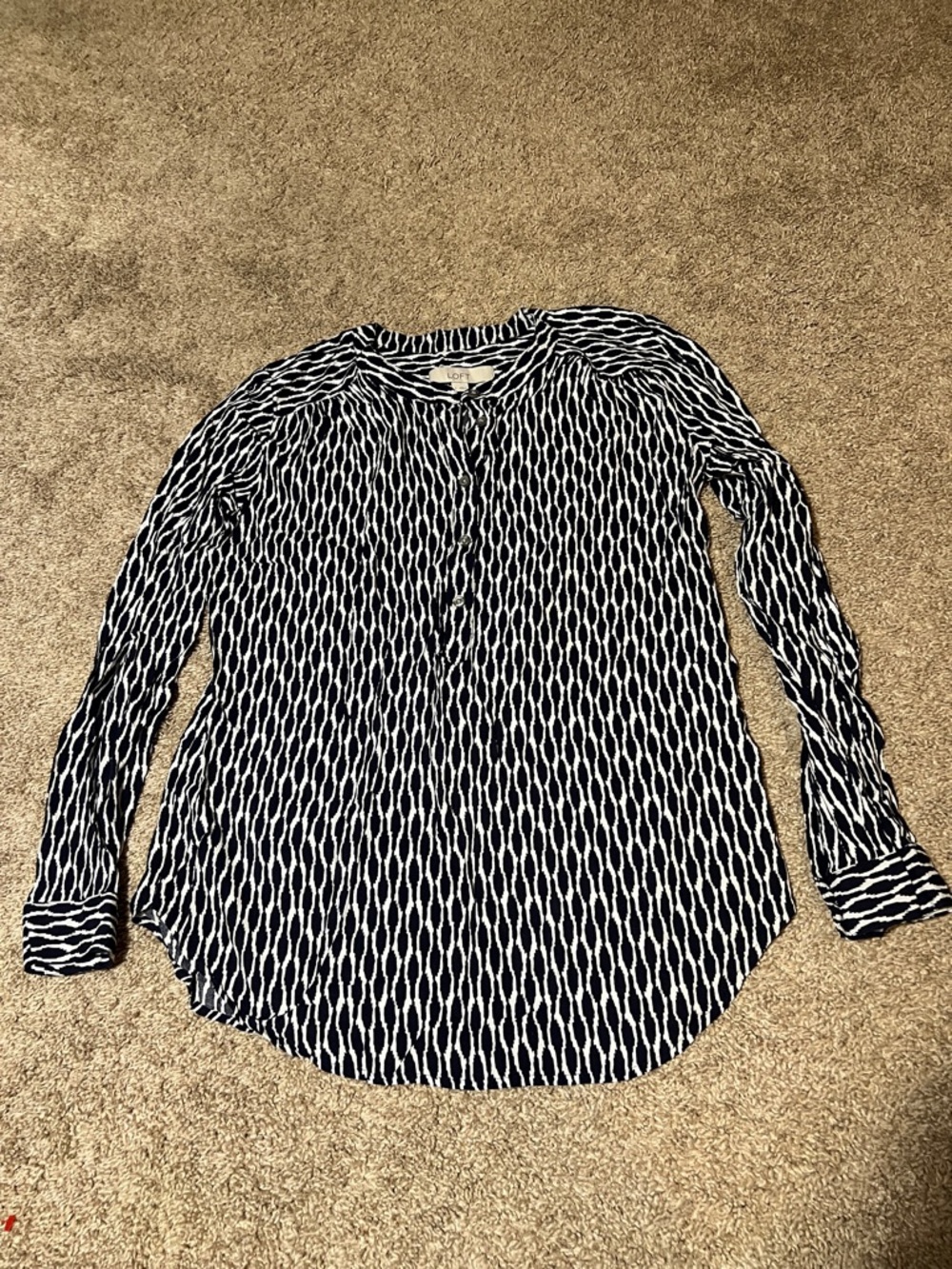 Loft Women’s Navy & White Patterned Long-Sleeve Blouse